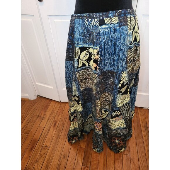Chico's Blue/Brown Floral Ikat Print Full Maxi Skirt Sz 8 (1)  Boho GrungeFairy - Picture 1 of 7